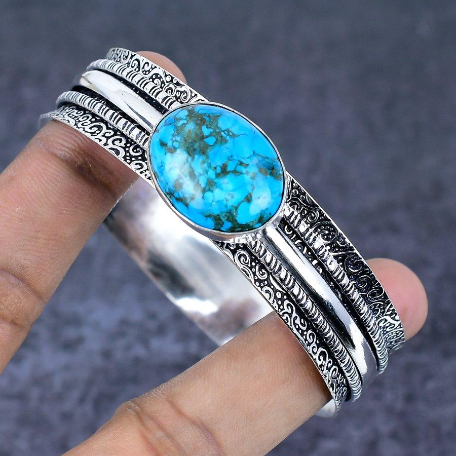 Tibetan Turquoise Gemstone 925 Sterling Silver Cuff Bangle 7.5"