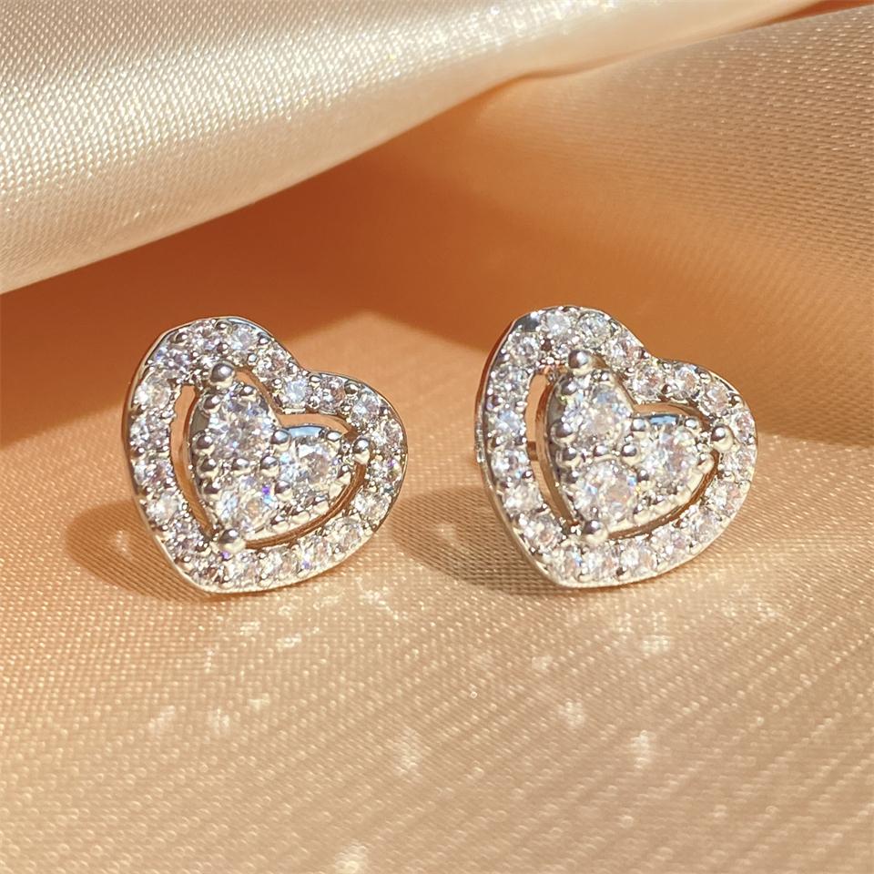 ZAKOL Loving Heart Zirconia Stud Earrings For Women Girls Copper Color Metal Crystal Ears Accessories Wedding Zircon Gifts