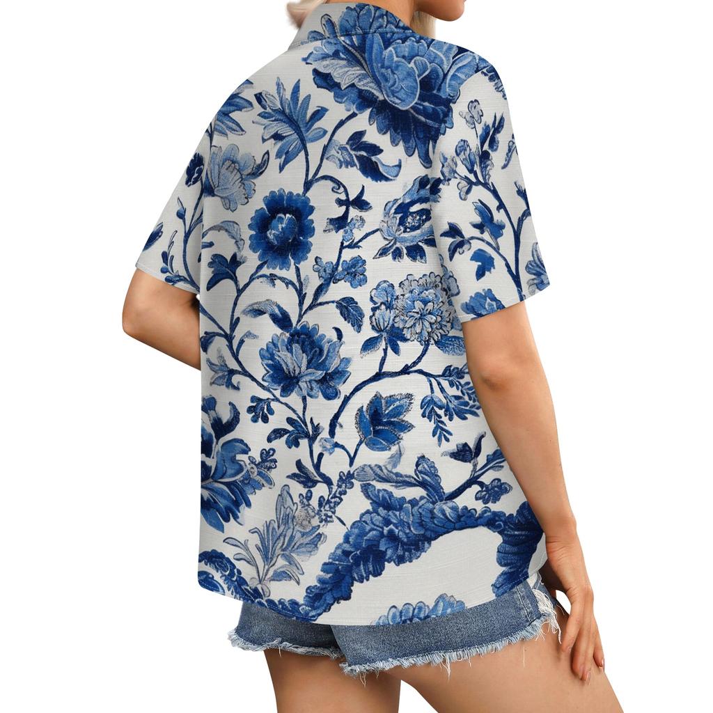 Women's Casual Short Sleeve Button Down Shirt Floral Print Collared Blouse Lightweight Summer Top for Outdoor Everyday Wear
