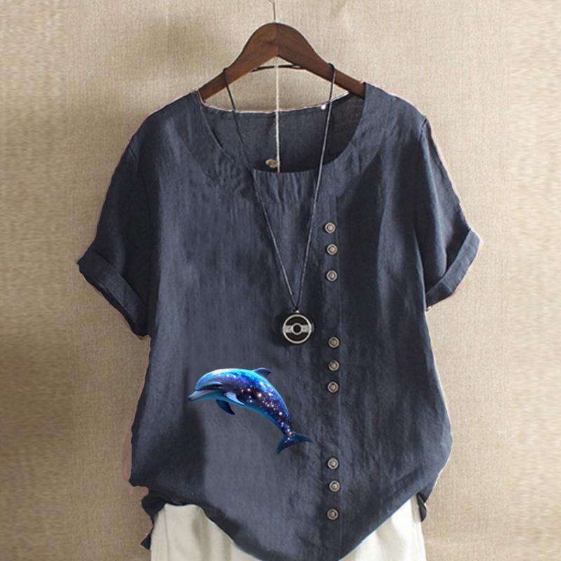 Women's Fashion Round Neck Short Sleeve T-shirt Casual Cotton Linen Graphic Shirt Dolphin Prined Summer Blouse Tops Plus Size
