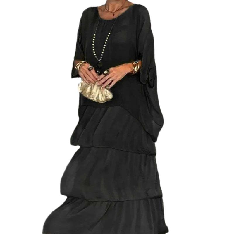 2024 Chiffon Mesh Bat Sleeve Round Neck Long Dress