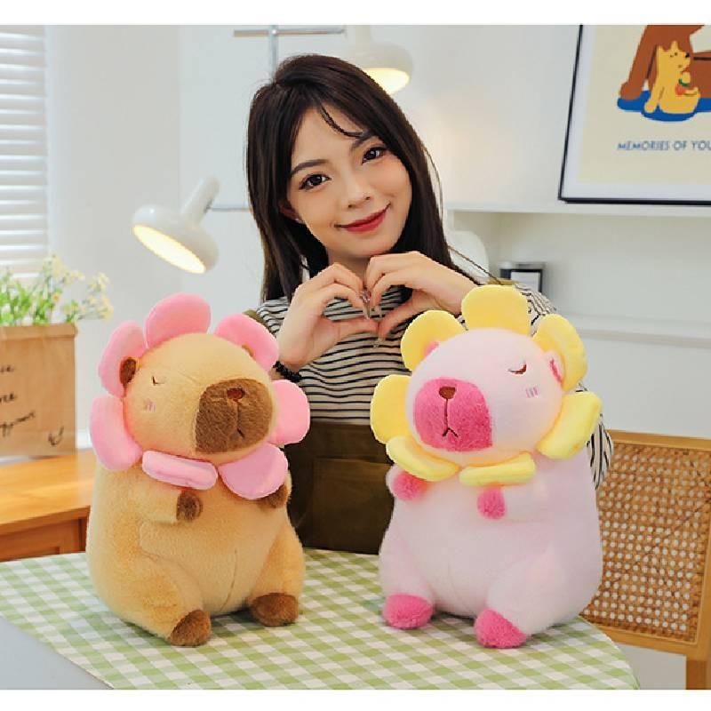 Adorable Pink And Brown Sunflower Capybara Plush Toy Soft Pillow For Kids And Girls
