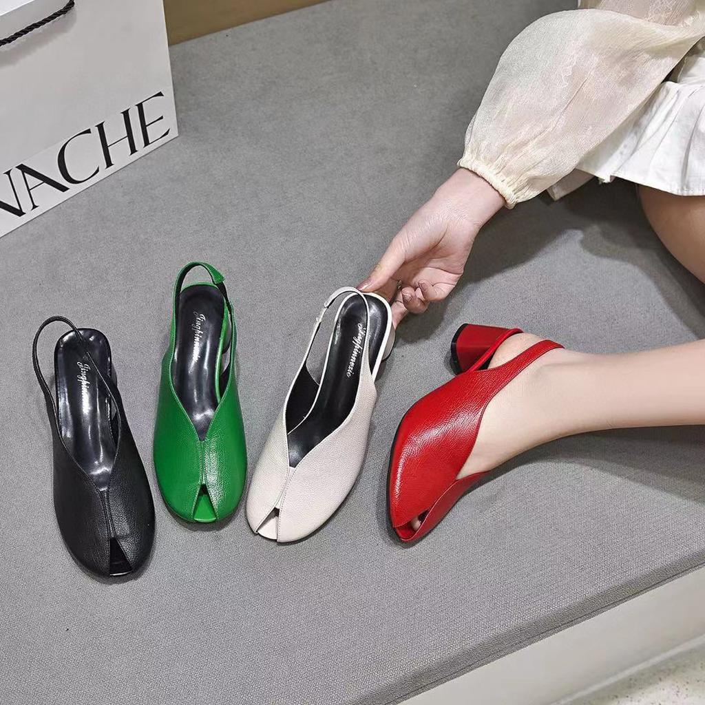 High-heeled Sandals Summer New Bag Head Empty Thick Heel Women's Shoes First Layer Cowhide Fish Mouth Fashion Shoes