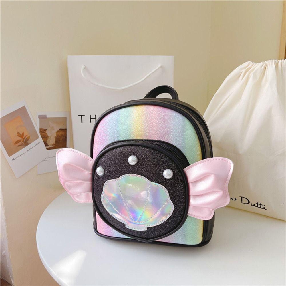Princess Style Small Backpack For Girls Angel Wings Cartoon Laser Bag Pearl Seashell Decorated Schoolbag