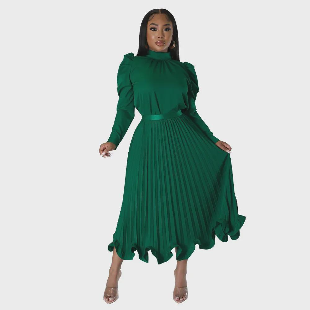 Autumn European & American Puff Sleeve Top with Ruffled Pleated Skirt Set.