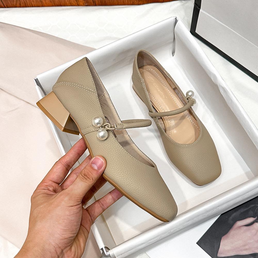 Square Headed Pumps for Women's 2025 Spring New Item Soft Leather Retro French Shallow Mouth Low Heel Mary Jane Shoes Women