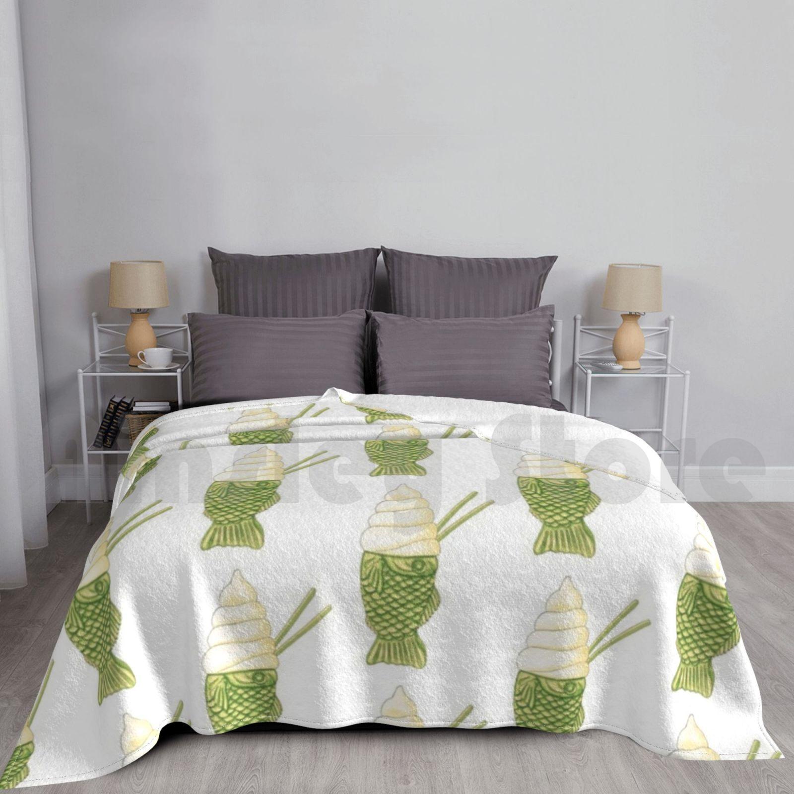 Matcha Taiyaki Watercolour Illustration Blanket Fashion Custom Matcha Japanese Tea Green Watercolour Anime Size: 75*100cm, Weight: 230 GSM