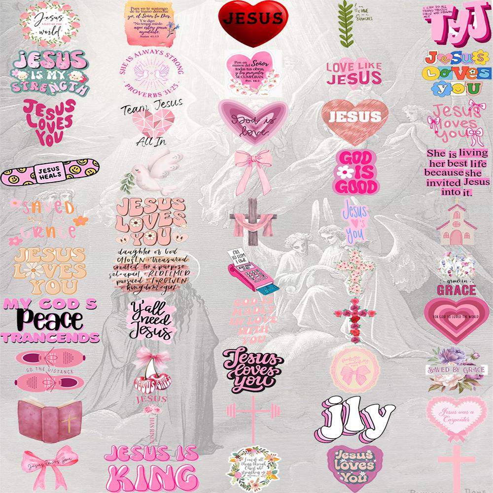 

50/100/200 Pink Bible Christian Cartoon Stickers Jesus Loves You Graffiti Stickers Water Bottle Notebook Phone Stickers T-34A-1-50Pcs