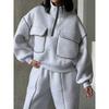 Womens Winter Streetwear Casual Set: Hooded Top With Half-Zip Front Pockets Long Pants Solid Color Soft Cotton Blend