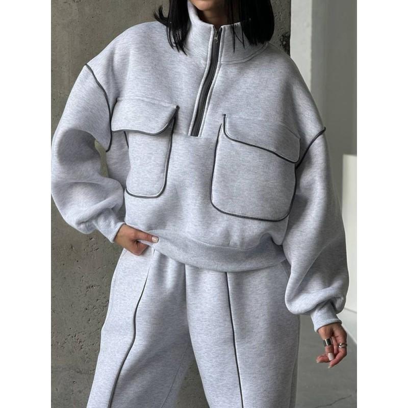 Womens Winter Streetwear Casual Set: Hooded Top With Half-Zip Front Pockets Long Pants Solid Color Soft Cotton Blend