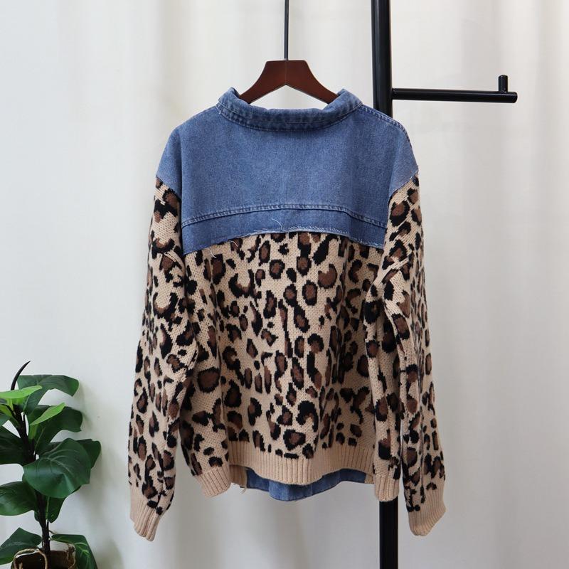 Splicing denim leopard print knitted cardigan autumn and winter new loose casual design temperament sweater jacket women