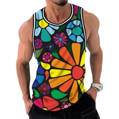 Summer Round Neck 3D Rainbow Flowers Pattern Printed Top Fashionable Casual Sleeveless Vest Men's T-shirts
