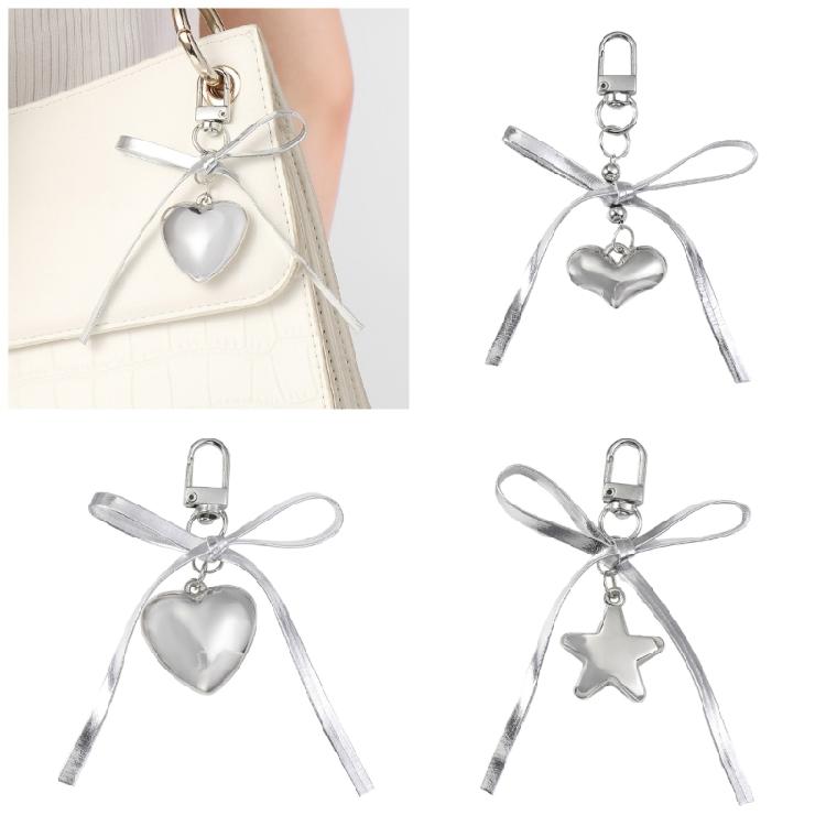 Heart Embellished Silver Leather Bowknot Key Rings Unique Accessory for Backpacks and Purses for the Modern Woman