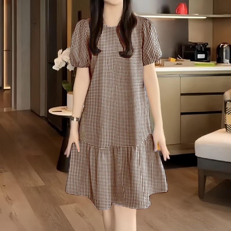 ZANZEA Women Casual Round Neck Grid Print Summer Short Sleeve Dress