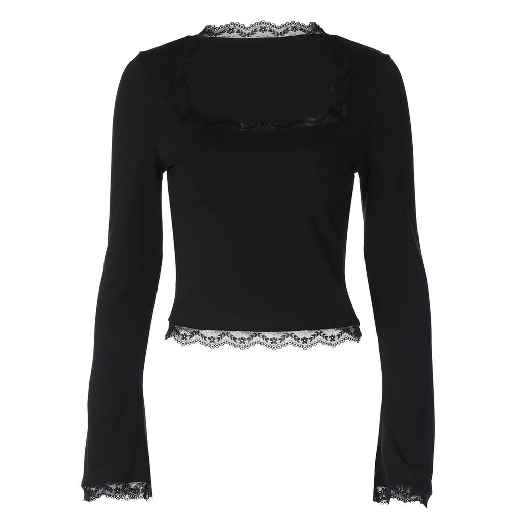 Women's Fashionable Lace,trimmed Square Neck Long,sleeved Slim,fit Versatile Top