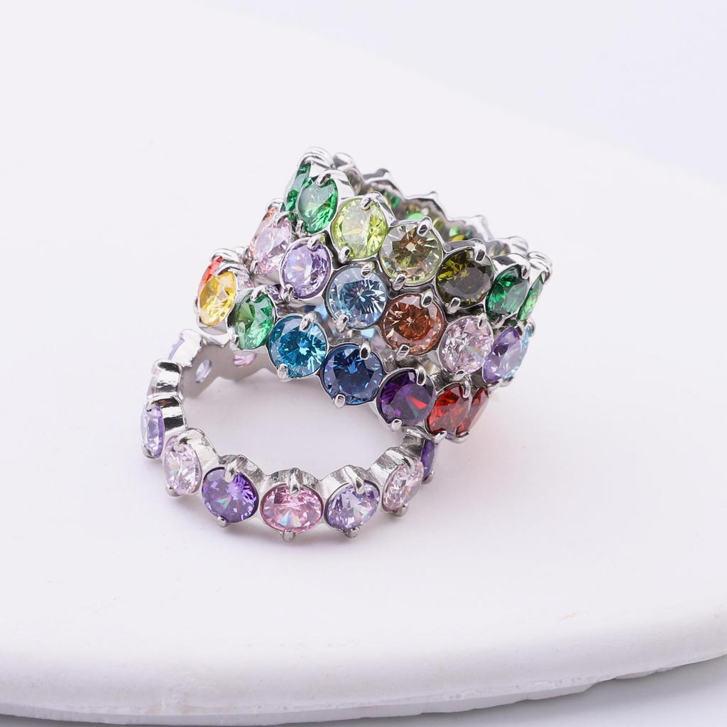 Elegant Stainless Steel Zircon Ring - Colorful Round Full Diamond Design for Women