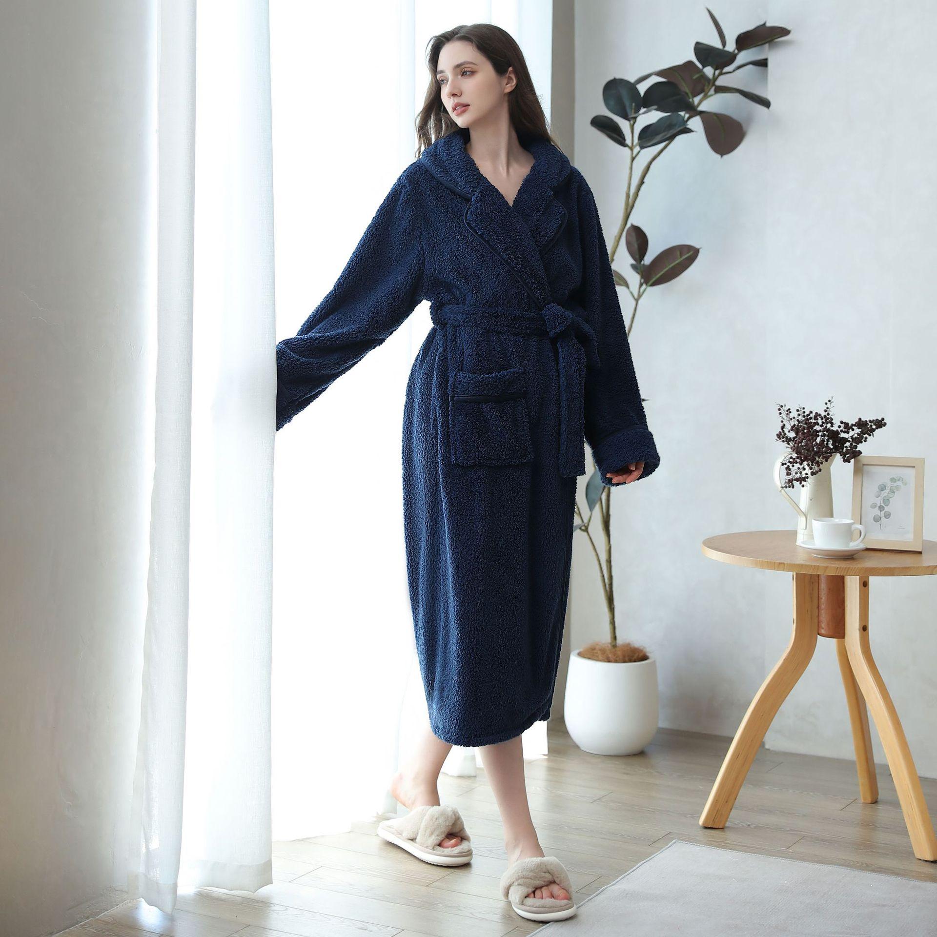 

Фланелевый женский халат повседневная одежда осень и зима утолщенный коралловый бархатный халат с лацканами платье свободная теплая пижама домашняя одежда M