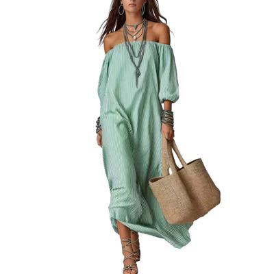 Sommer-Maxikleid für Damen Schulterfrei Kurzarm Langkleid Lässig Gestreift Urlaub Fließendes Langes Sommerkleid