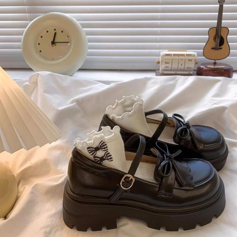 Youth style shoes Brown Retro Mary Jane Shoes Girls Thick Sole PU Leather Low Cut Slip-On With Bow Fall Kids School Uniform Style
