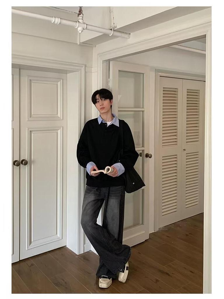 Men's American Minimalist Retro Two-Piece Style Sweatshirt: Autumn Loose Casual Preppy Long-Sleeved Top with Shirt Collar.