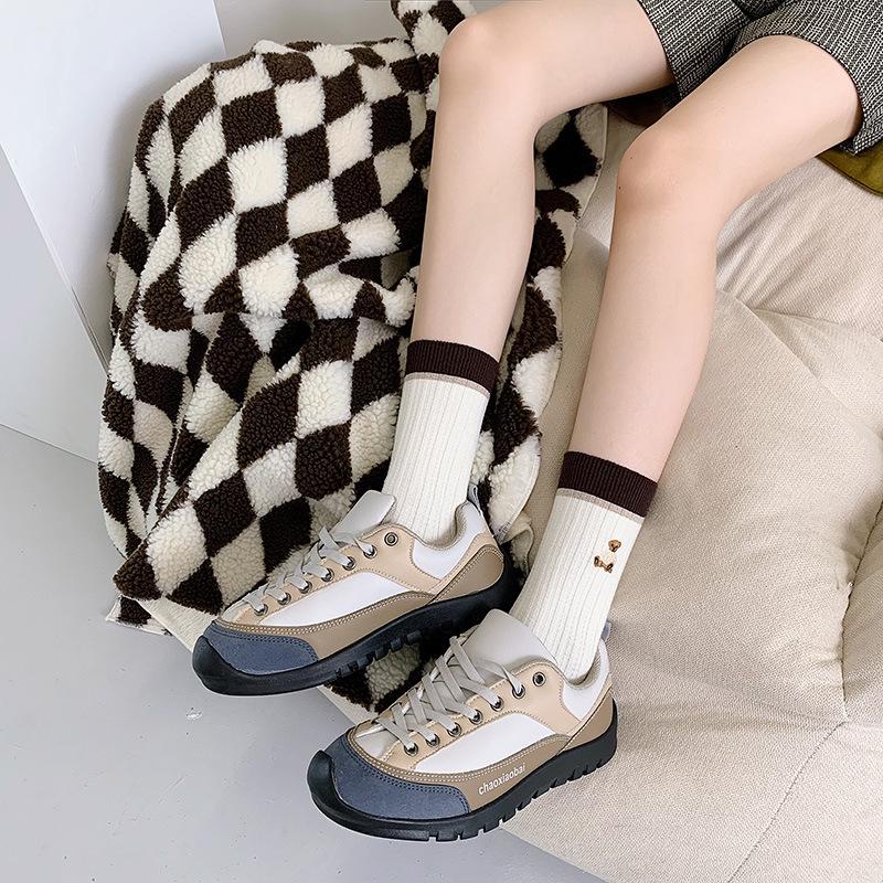 Women's Coffee Striped Bear Embroidery Mid-Calf Slouch Socks - Cute Cartoon Style