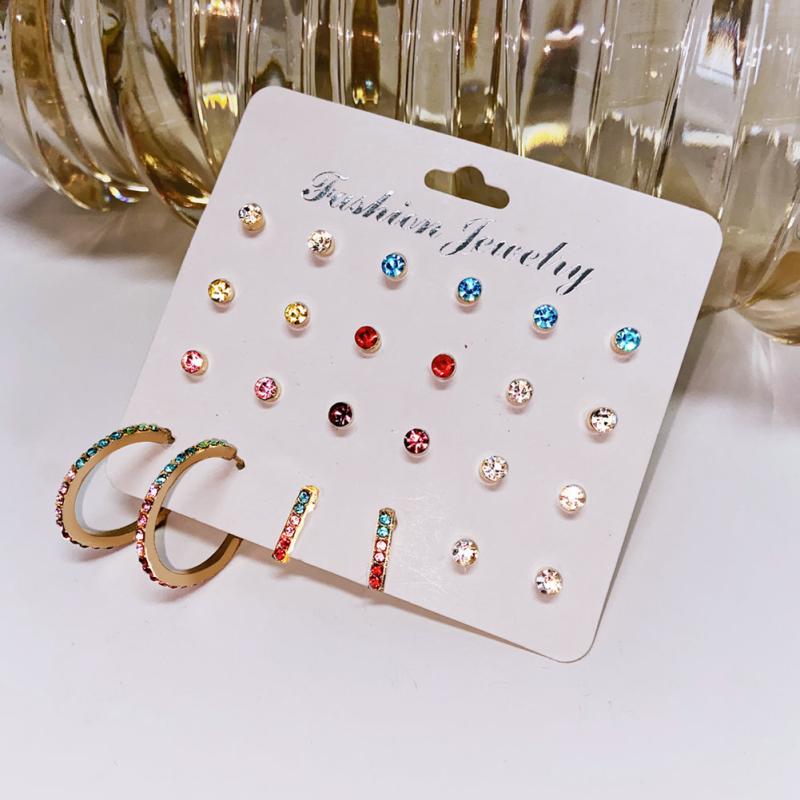 RUI RUI YU 12-delige set Unisex oorbellen Gekleurde zirkoonlegering Retro Eenvoudige C-vormige oorbellen