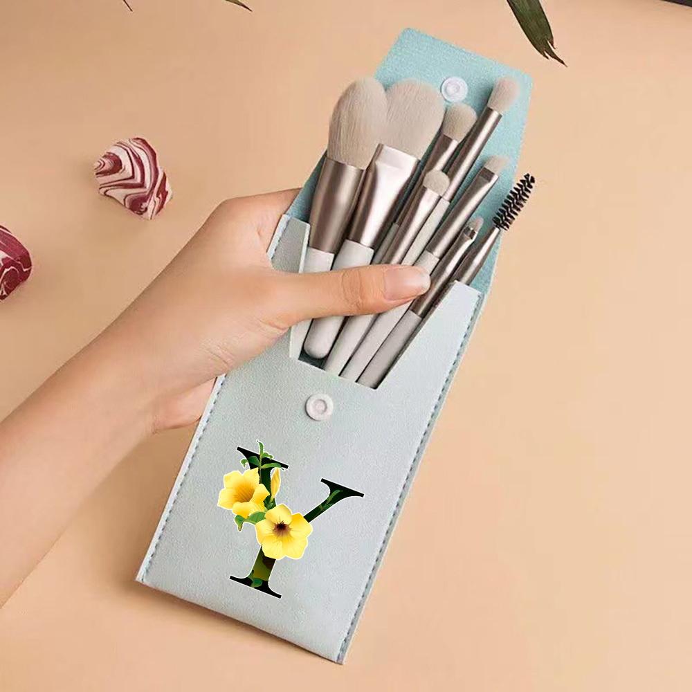 8pcs Travel Makeup Brush Case Kit Travel and Daily Use Beauty Set Blending Beauty Tool Bag Flower Color 26 Letters Pattern