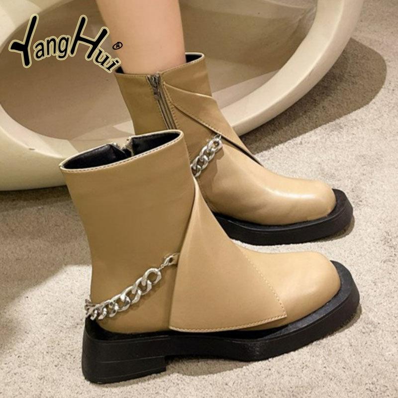 Botine moderne de damă stil stradal 2024 Modă nouă Toc pătrat Piele moale Confortabile Accesorii lanț Pantofi cu platformă