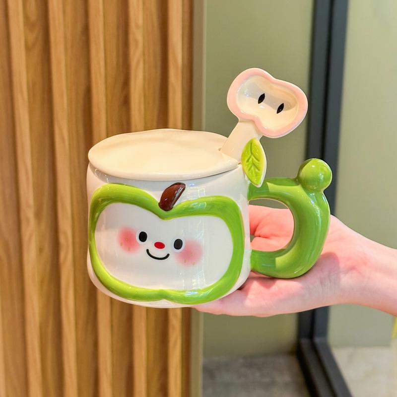 Roztomilý ručně malovaný jablečný keramický hrnek s víčkem a lžičkou, hrnek na pití, dívčí dárková krabička k narozeninám