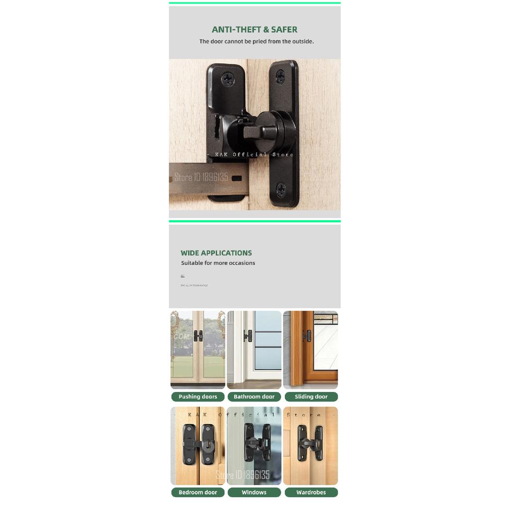 KAK Punch-free Hasp Latch Door Lock Black Cabinet Locks Kids Safety Lock Barn Door Sliding Door Anti-pried Hook Lock Hardware Thread Lock3
