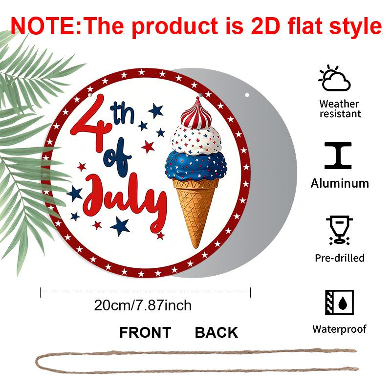 2D Flat 1pc Aluminum Independence Day-Themed Ice Cream Wall Decor 7.87 Inches X 7.87 Inches Patriotic Decor Suitable for Hanging On Front Doors