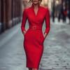 New Elegant V Neck Midi Pencil Work Dress Woman Casual Solid Slim Bodycon Dresses Autumn Long Sleeve Pocket Party Dress Vestidos