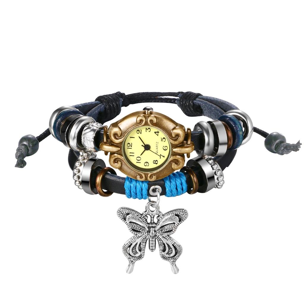 Hodinky Starožitný motýlový náramek Modlitební korálky Pletený kožený opasek Analogový Ležérní doplňky Narozeninový vánoční dárek pro přítelkyni Dámské