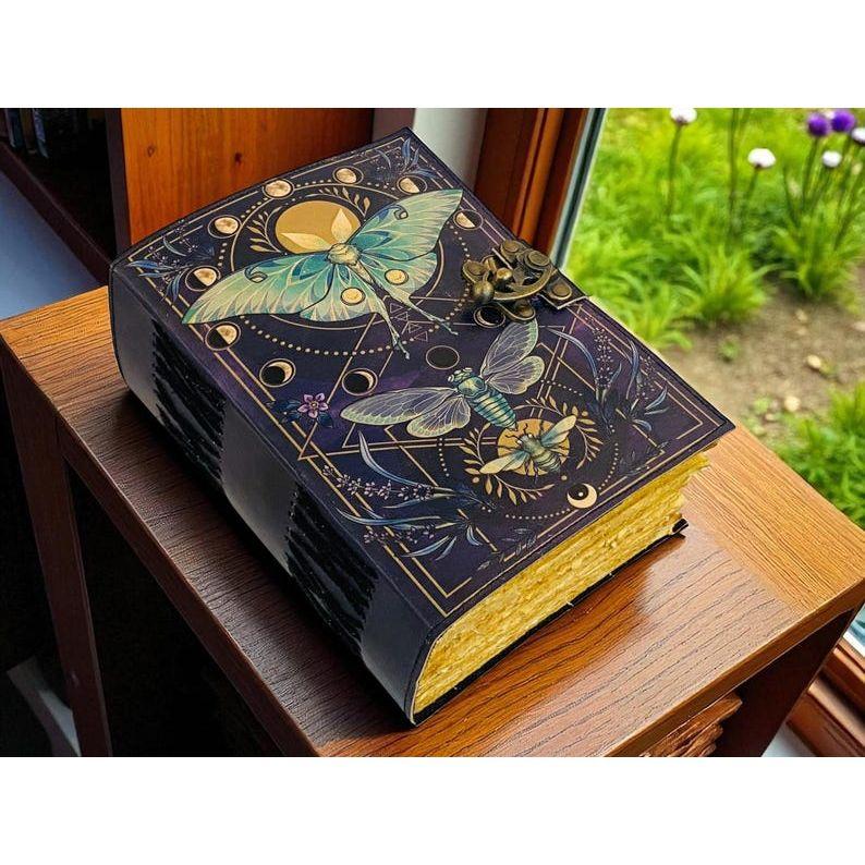 Handmade Spell Book with Lock | Personalized Wiccan Leather Journal with Deckle Pages | Witchy Gift