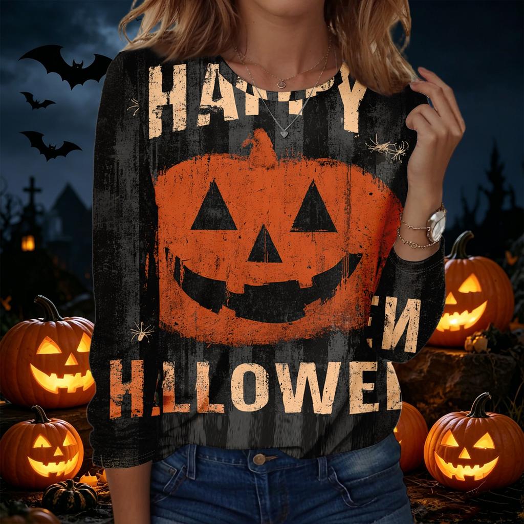 Women's Halloween Printed Pullover Sweatshirt Long Sleeve Crew Neck Casual Top for Fall and Winter Seasonal Wear