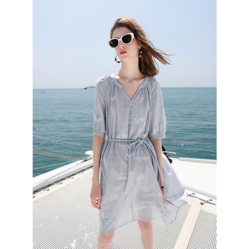 

Sancai Women s V-Neck Striped Embroidered Resort Short Dress L 165/88A