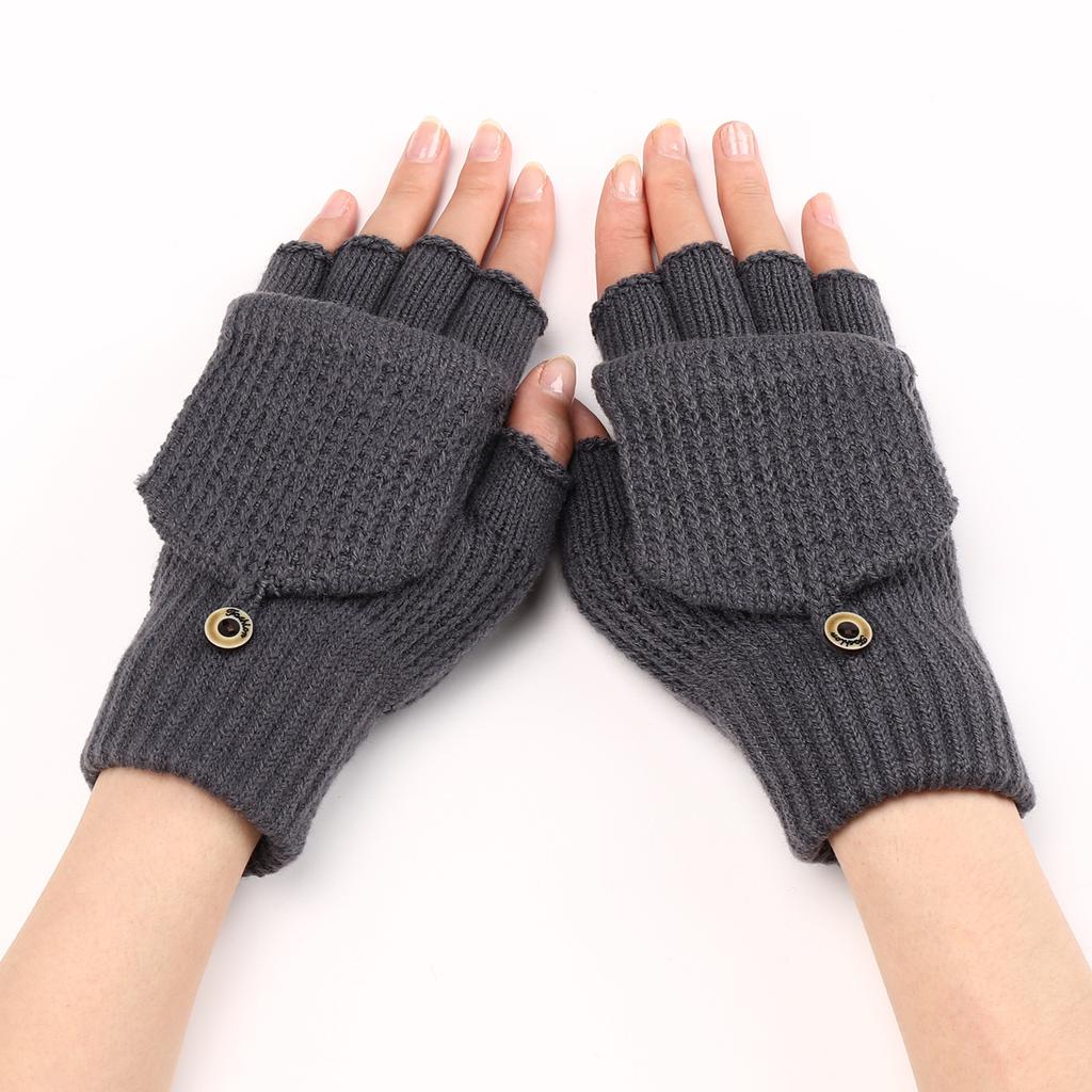 WTEMPO Solid Color Woolen Warm Flip Gloves Men's Women's Autumn Winter Half Finger Gloves Student Writing Exposed Finger Knitted Gloves