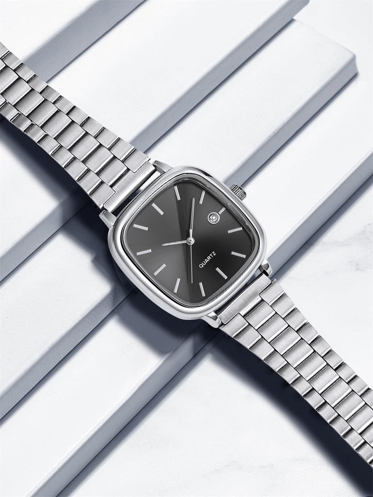 No gift box Steel belt watch retro silver genuine square quartz wristwatch   cross video 4-piece set