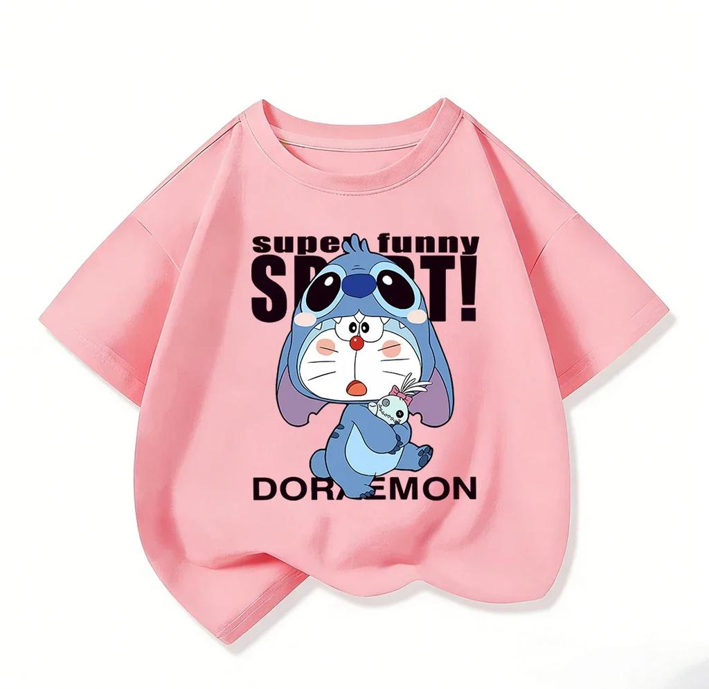 Cute Children Crew Neck T Shirt Summer Fashion Cartoon Print Trendy Street Casual Tops Doraemon Boys Girls Outfit 314Y