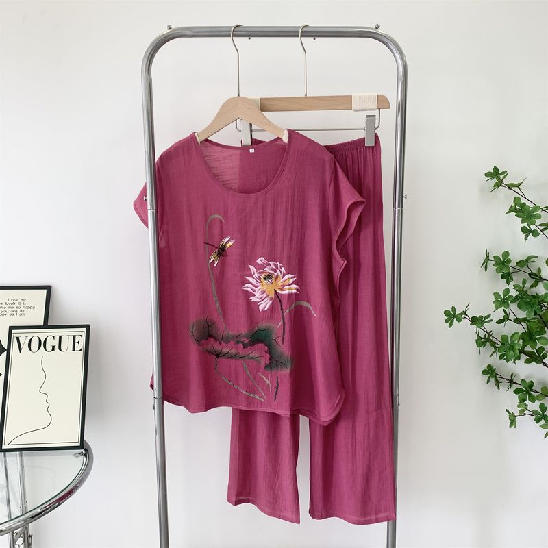 

Summer Middle-Aged and Elderly Women s Cotton and Linen Short Sleeve Two-Piece Suit Loose Mother s Clothing Print Linen Summer Clothing Tops Fuchsia 2XL
