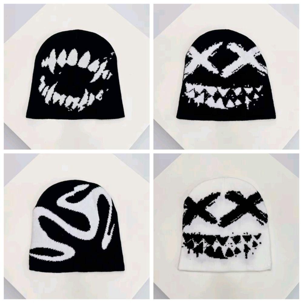 Halloween Y2K Knitted Hat Streetwear Black White Pullover Cap Jacquard Woolen Hat  Outdoor