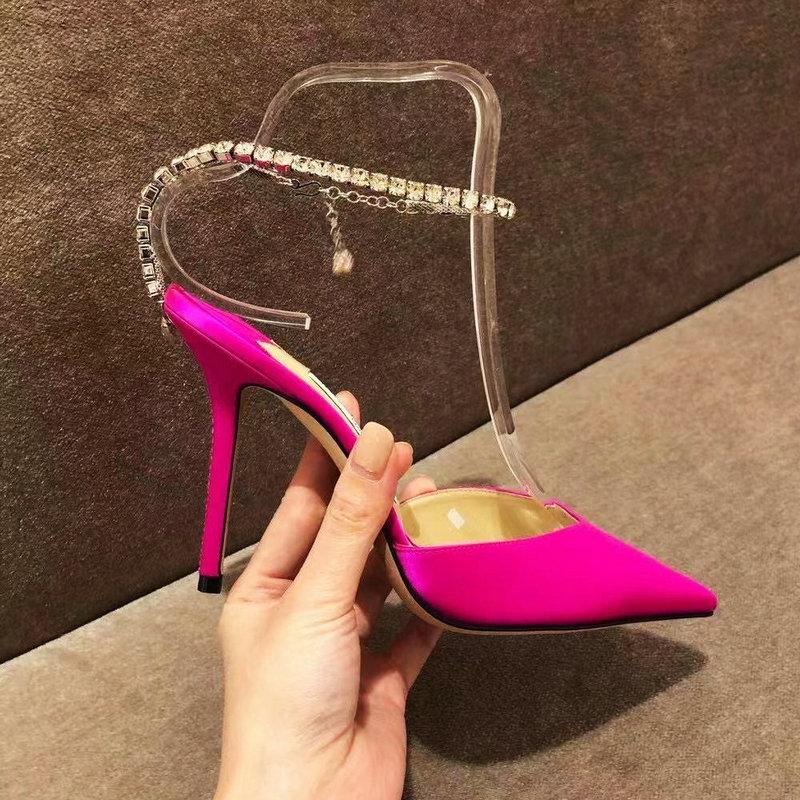 

Fashion 2025 New Women s Shoes Satin Pointed Toe High Heels Rhinestone Chain Toe Sandals Sexy Roman Pumps 42