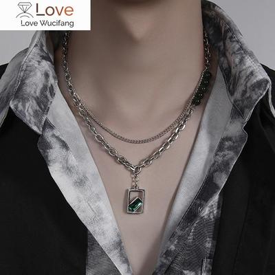 Mode Doppelschicht Kette Edelstahl männliche Halskette grünen Kristall Anhänger Halskette Mann Party Schmuck Geschenk Freunde