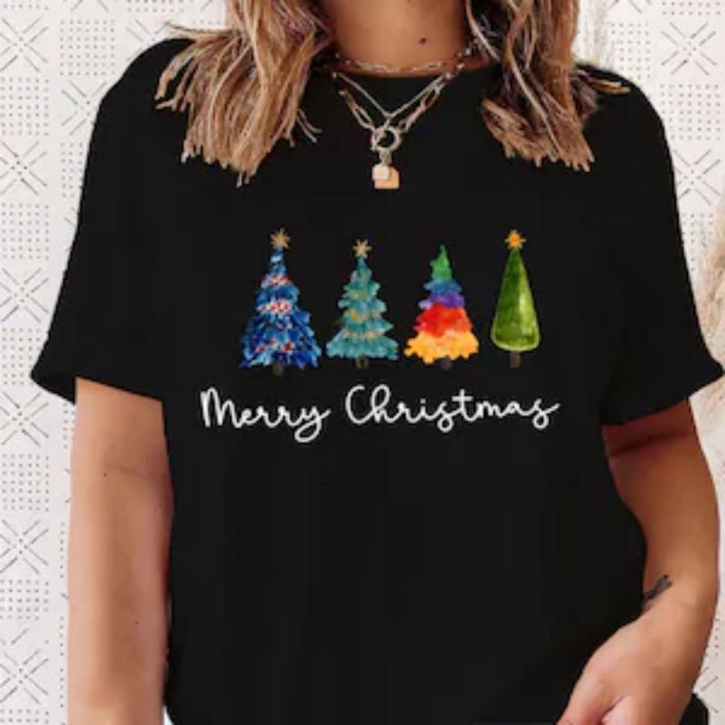 Merry Christmas Reindeer T-Shirt Santa Hat Christmas Tree Vintage Family Costume Harajuku Sleeve Casual