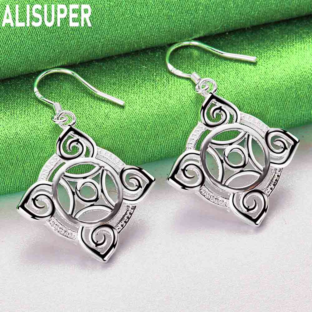 925 Sterling Silver Auspicious Square Ruyi Openwork Earrings - Fashion Gift Jewelry
