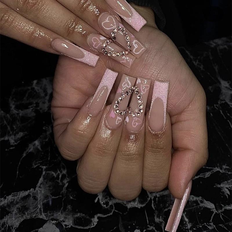 Long Water Drop Shape Press-On Nails With Heart Design Glitter Rhinestone French Tip Artificial Nail Tips Women Gel Nail