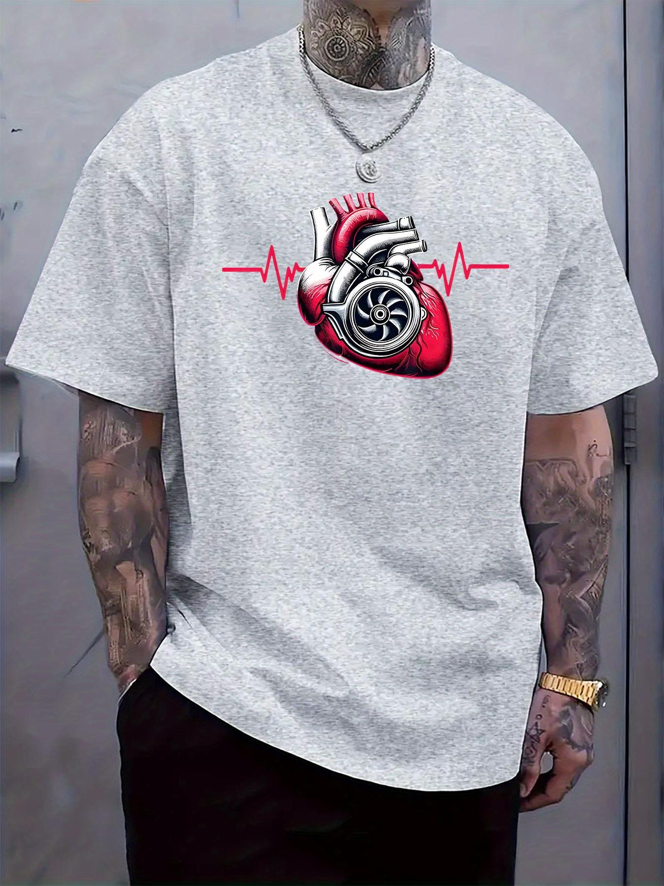 Black Tshirt with Mechanical Heartbeat Print - Casual Cre... XL