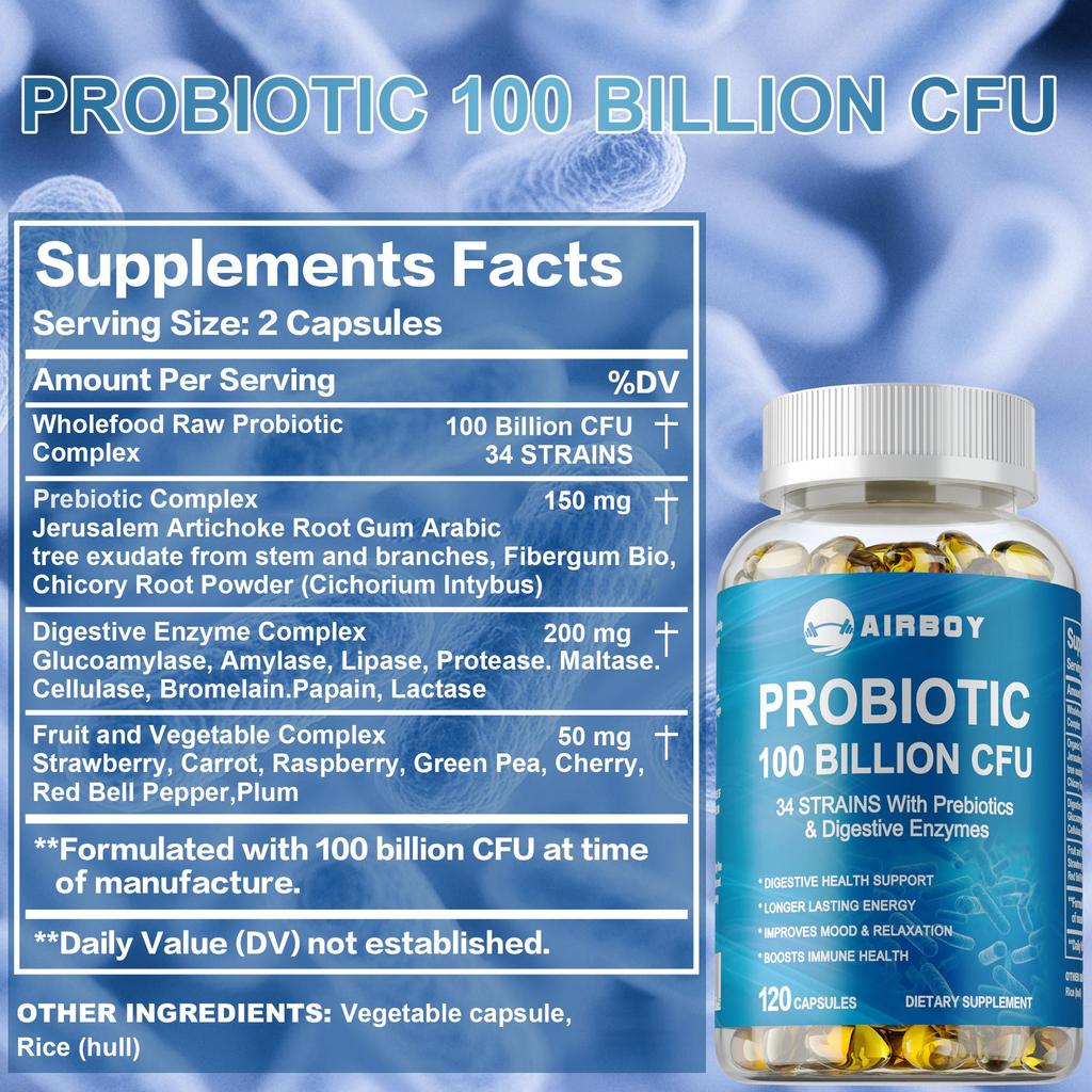 120pcs Prebiotic 100 Billion CFU - Digestive Enzyme-Gas & Bloating Relief,Immune