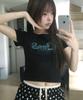 CHICKS Check Pattern Typo Crop Slim Fit Short Sleeve T-Shirt Black
