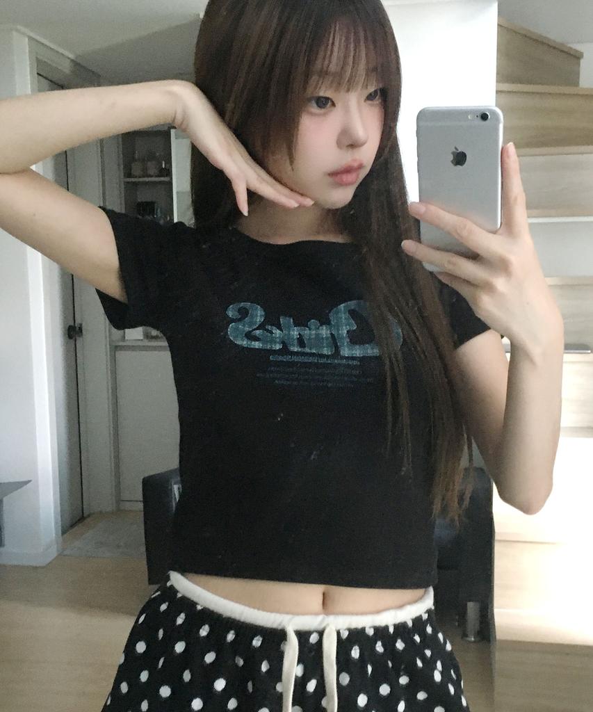 CHICKS Check Pattern Typo Crop Slim Fit Short Sleeve T-Shirt Black